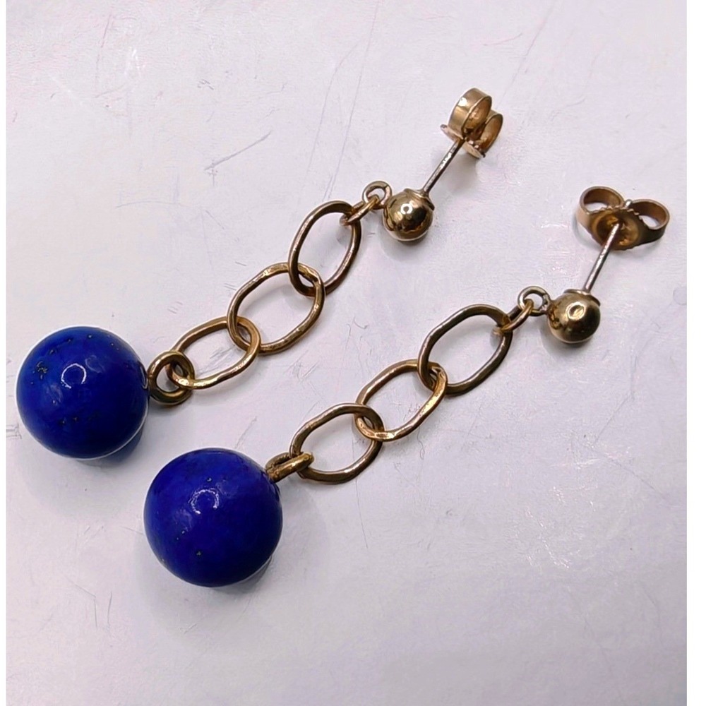 Lapis Lazuli Gold Tone Link Drop Earrings Blue Stone Dangle Post Backs 14k - Picture 3 of 5